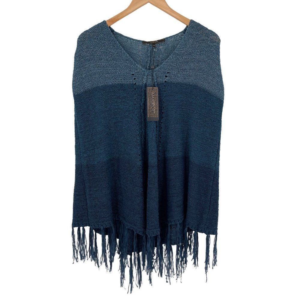 Max Sport Dark Ink Combo Fringed Poncho Sweater V-Neck S/M Blue MX13506-1 NWT